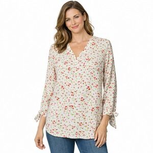 Cynthia Rowley Blouse Women Medium White Floral V-Neck Tie Sleeve Boho Top